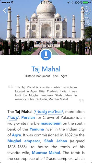 iPhone app screenshot showing a travel guide of the Taj Mahal