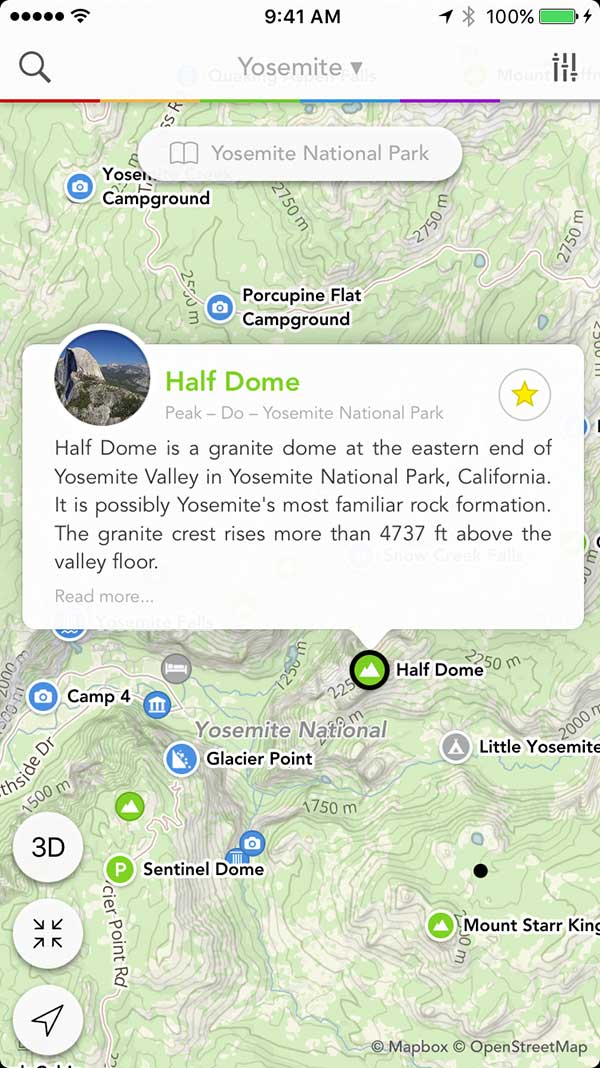 iPhone app screenshot showing Half Dome bookmarked on a map